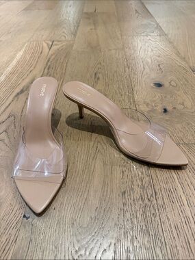 Maeve Nude Pointed Mule Heels with Clear Strap